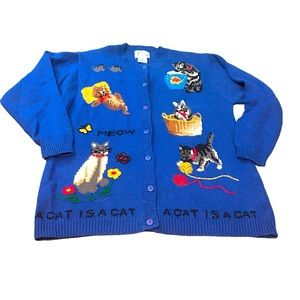 Quacker Factory Knit Cat Kitten Meow Themed Novelty Cardigan Size: Medium